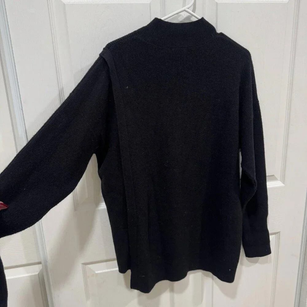 Halogen Women's Medium M Asymmetric Button‎ Mock Neck Stitch Mix Sweater Black